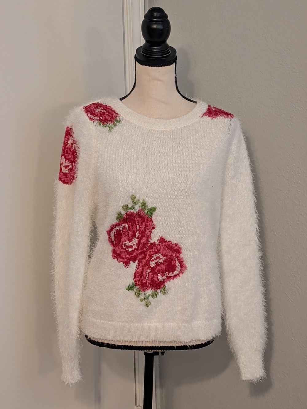 Maurices White Fuzzy Crewneck Sweater Rose Motif